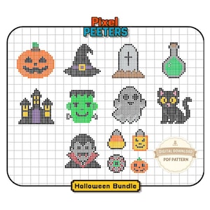 May include: A digital cross-stitch pattern sheet titled Pixel Peeters Halloween Bundle featuring pixel art icons of a pumpkin, witch hat, tombstone, potion bottle, haunted house, monster, ghost, black cat, vampire, candy corn, and jack-o'-lantern.