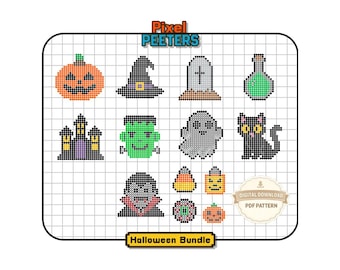 Op de afbeelding: Een digitaal kruissteekpatroonblad getiteld Pixel Peeters Halloween Bundle met pixel art iconen van een pompoen, heksenhoed, grafsteen, toverdrankflesje, spookhuis, monster, geest, zwarte kat, vampier, candy corn en een jack-o'-lantern.