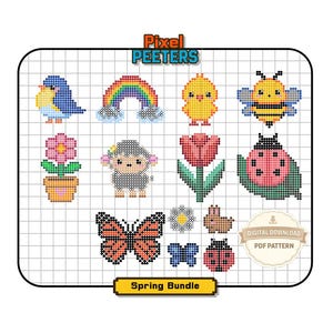 Può includere: Una collezione di schemi a punto croce pixelati a tema primaverile, tra cui un uccellino azzurro, un arcobaleno, un pulcino, un'ape, un fiore, una pecora, un tulipano, una coccinella, una farfalla e un coniglietto. Il testo "Pixel Peeters" e "Spring Bundle".