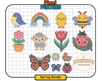 Spring Fuse Bead Patterns Bundle | 13 Designs (9 Large 29x29 + 4 Mini 14x14) | Digital Download Perler Beads PDF