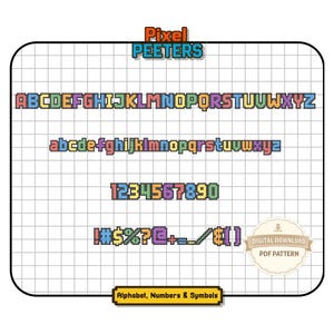 May include: A digital cross-stitch pattern titled Pixel Peeters featuring a colorful pixelated alphabet in uppercase and lowercase letters, numbers 0-9, and various symbols. The design is displayed on a white grid background with a digital download badge.