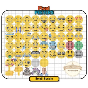 Puede incluir: Una cuadrícula de emojis amarillos pixelados con varias expresiones, incluyendo sonrisas, tristeza y gafas de sol. La imagen incluye el texto "Pixel Peeters" y "Emoji Bundle". También hay un patrón PDF digital disponible.