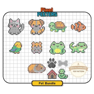 May include: A digital cross-stitch pattern sheet titled Pixel Peeters Pet Bundle featuring pixel art designs of a cat, dog, turtle, fish, bird, hamster, frog, lizard, guinea pig, paw print, bone, doghouse, and snake on a white grid background.