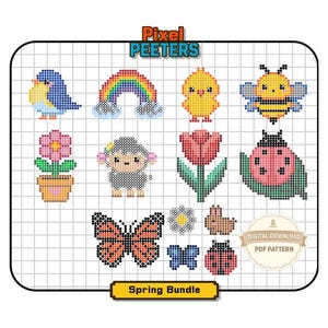 May include: A digital cross-stitch pattern sheet titled Pixel Peeters Spring Bundle featuring pixel art designs of a blue bird, rainbow, chick, bee, flower in a pot, sheep, tulip, ladybug, butterfly, daisy, rabbit, and a small ladybug.
