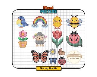 Op de afbeelding: Een digitaal kruissteekpatroonblad getiteld Pixel Peeters Spring Bundle met pixel art ontwerpen van een blauwe vogel, regenboog, kuiken, bij, bloem in een pot, schaap, tulp, lieveheersbeestje, vlinder, madeliefje, konijn en een klein lieveheersbeestje.