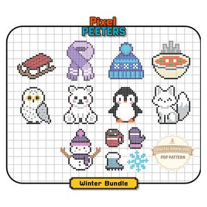 May include: A digital cross-stitch pattern set titled Pixel Peeters Winter Bundle featuring pixel art icons of a red sled, purple scarf, blue beanie, bowl of soup, owl, polar bear, penguin, fox, snowman, mug, mitten, boot, and a snowflake.