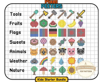 Kids Starter Bundle | 42 Easy Fuse Bead Patterns | 14x14 Pegboard | Digital PDF Download