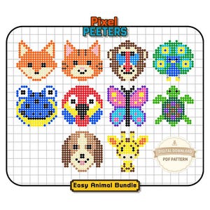 Può includere: Un foglio di modelli digitali intitolato Pixel Peeters Easy Animal Bundle che presenta dieci colorati disegni di animali in pixel art, tra cui una volpe, un gatto, un mandrillo, un pavone, una rana, un pappagallo, una farfalla, una tartaruga, un cane e una giraffa.