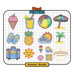 Puede incluir: Un patrón PDF digital con diseños pixelados de verano. Incluye un cono de helado, cóctel, pelota de playa, sombrilla, chanclas, piña, sol, nube, palmera, maleta, sol sonriente, helado, cubo de arena, concha y un cuadrado estampado.