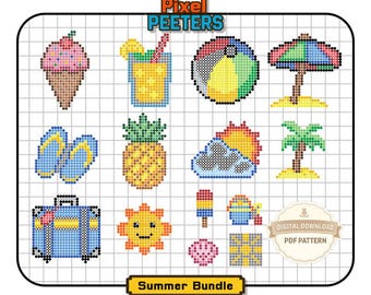 Summer Fuse Bead Patterns Bundle | 14 Bright Designs (10 Large 29x29 + 4 Mini 14x14) | Perler Beads PDF | Kids Craft DIY