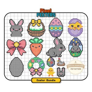 Peut inclure: Un ensemble de patrons PDF numériques avec des motifs de Pâques en pixel art. Comprend des lapins, des œufs, des carottes, des nœuds, des poussins et des couronnes. Le logo Pixel Peeters est en haut, et les mots "Easter Bundle" sont en bas.
