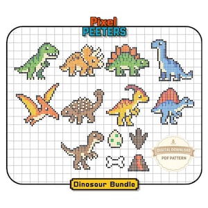 May include: A digital cross-stitch pattern titled Pixel Peeters Dinosaur Bundle featuring pixel art illustrations of various dinosaurs, a dinosaur egg, a footprint, a bone, and a volcano on a white grid background with a digital download label.