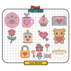 May include: A digital cross-stitch pattern collection titled Pixel Peeters Love Bundle featuring various pixel art icons including a potion bottle, mug, cupcake, envelope, rose, candle, heart with arrow, teddy bear, padlock, key, and candy.