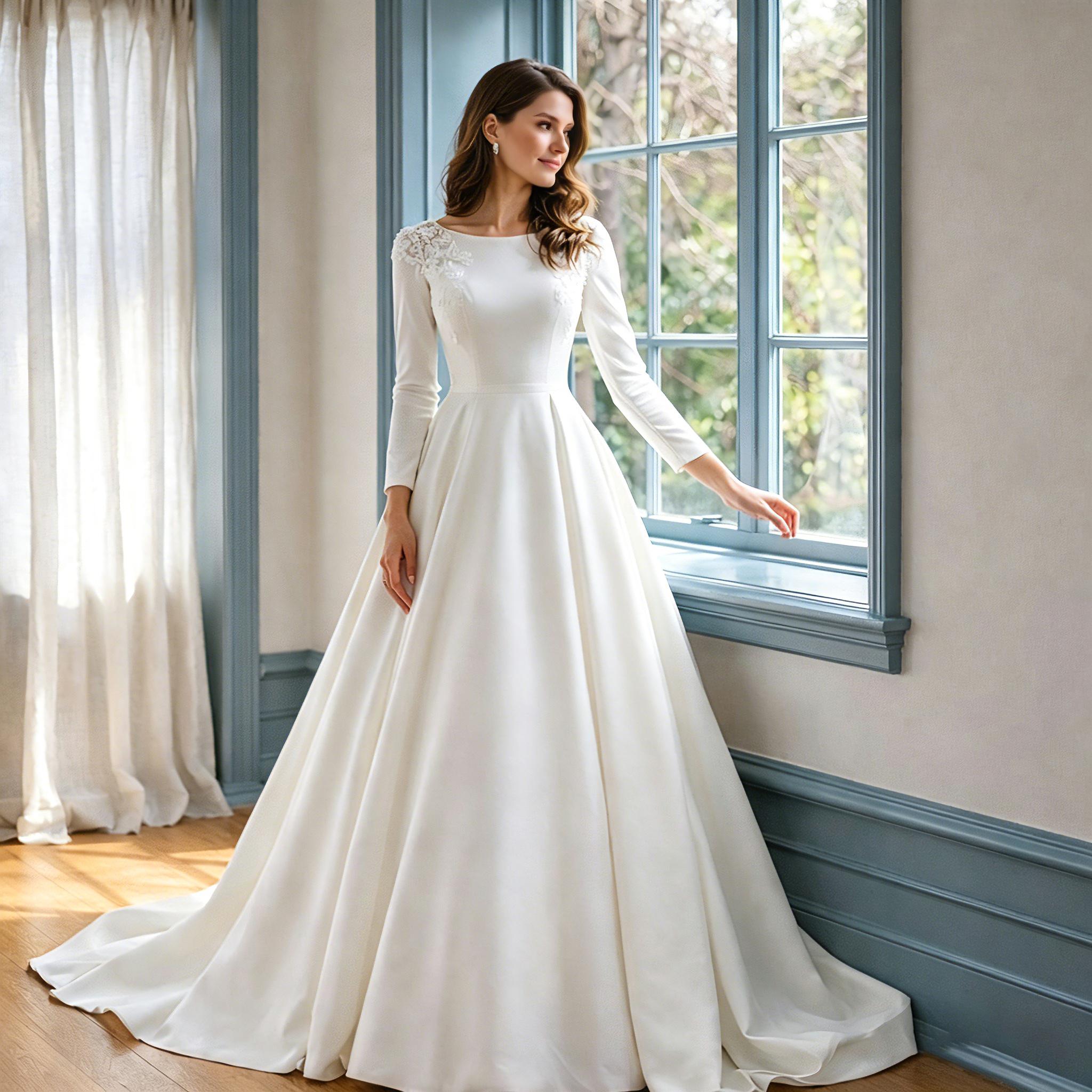 Robe de mariée minimaliste en satin manches longues dos nu