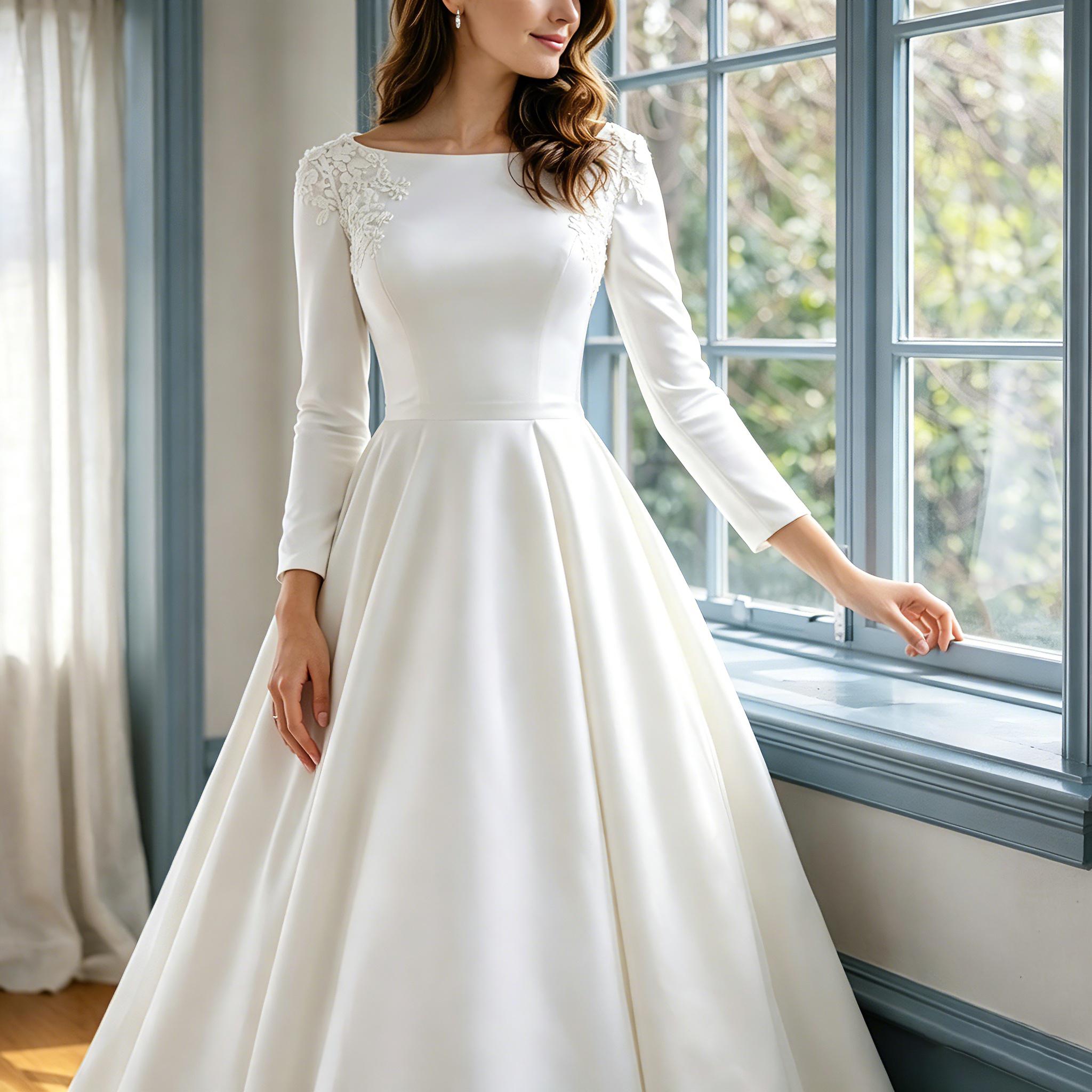 Robe de mariée minimaliste en satin manches longues dos nu