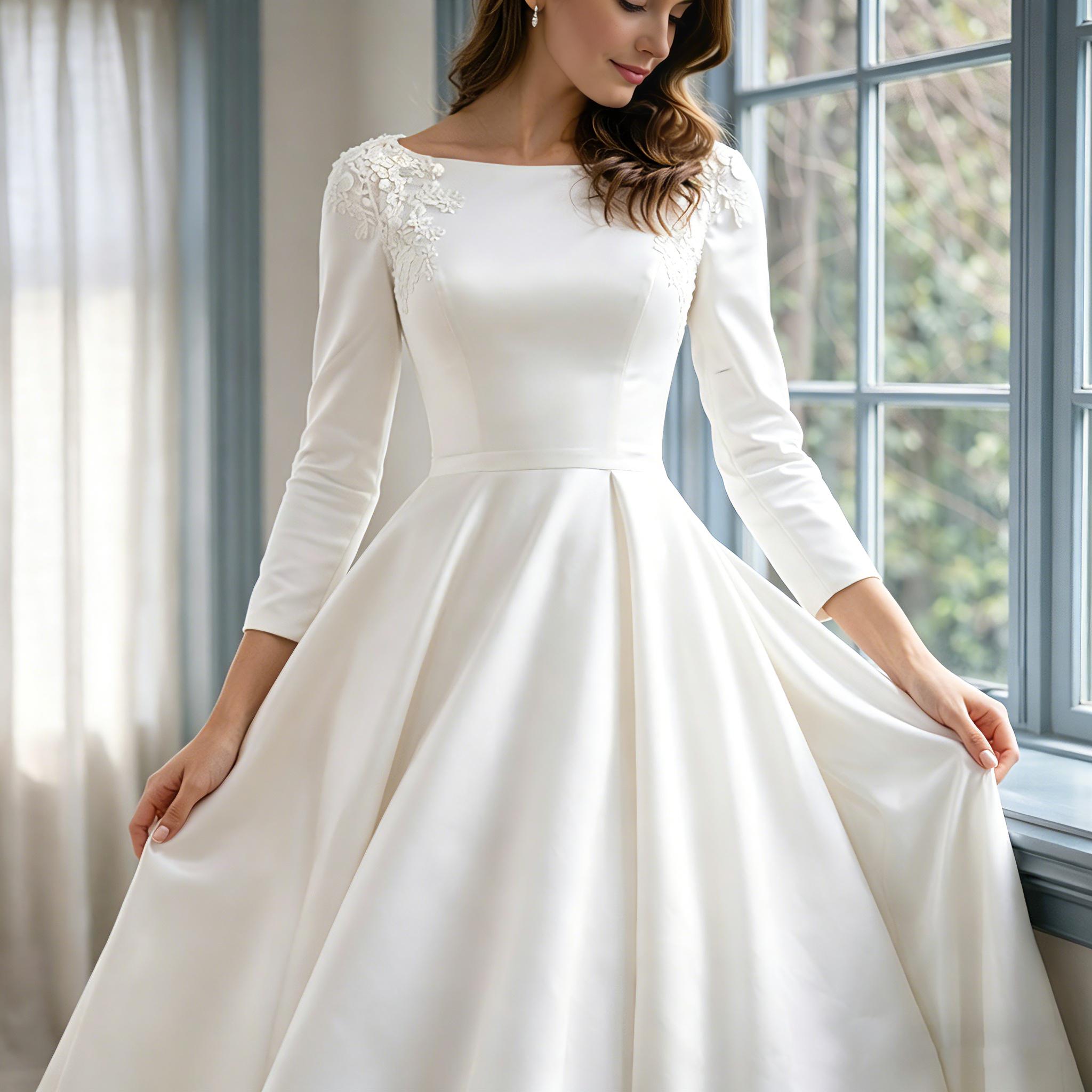 Robe de mariée minimaliste en satin manches longues dos nu