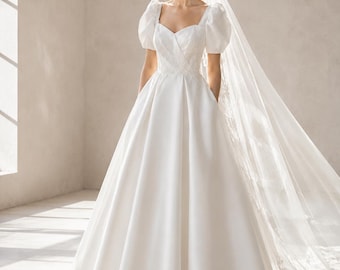 Minimalist White Wedding Dress, Square Neck Bridal Gown, A Line Bridal Gown