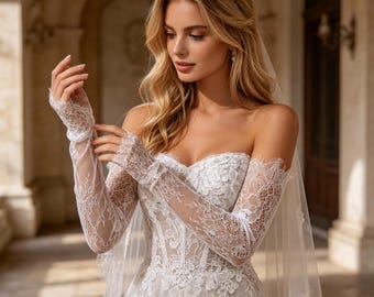 Long Lace Gloves for Bride, Sheer Tulle Bridal Gloves, White Lace Wedding Gloves, Vintage Bridal Accessory, Formal Event Gloves