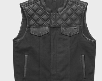 Chaleco de motociclista para hombre, mitad cuero, mitad lona, con bordado de punto de cruz – Chaqueta sin mangas estilo motero