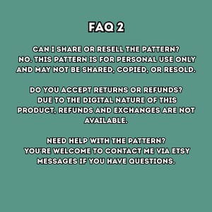 May include: A teal-colored graphic with the text "FAQ 2" at the top. The text answers questions about sharing, reselling, returns, and refunds for a digital product. Contact information is provided for assistance.