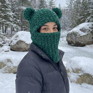 May include: A dark green crocheted balaclava with bear ears. The winter hat covers the head, neck, and lower face, leaving only the eyes visible. The hat is made of a thick, textured yarn and is worn outdoors in a snowy environment.