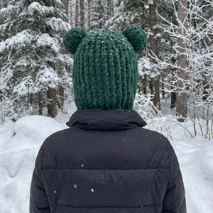 May include: A dark green knit hat with two small ear-like protrusions on top. The hat is worn by a person wearing a black puffer jacket. The background is a snowy forest with tall trees.