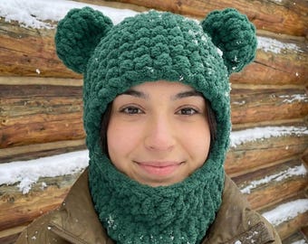 Cozy Chunky Crochet Balaclava Pattern with Cute Bear Ears | Hooded Scarf & Winter Headwear PDF | Beginner Friendly Cold Weather Crochetn