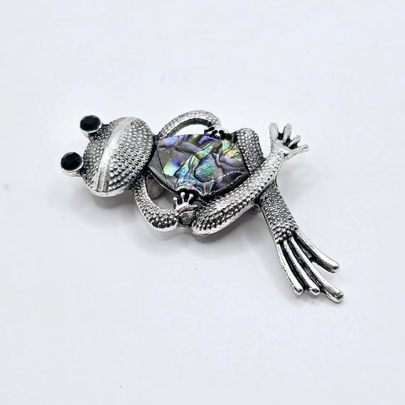 Sitting Frog Abalone Shell Silvertone Brooch Pin - image 2