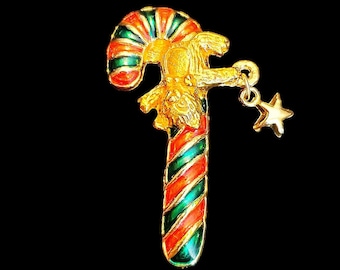 Broche de esmalte con forma de bastón de caramelo navideño vintage, broche con forma de bastón de caramelo navideño y osito de peluche trepador