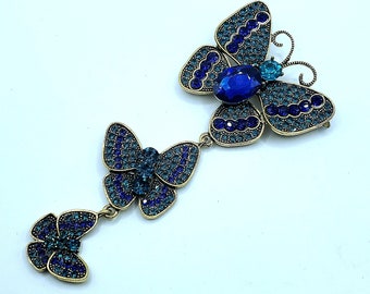 Butterfly Crystal Brooch Pin, Three Tier Butterfly Brooch, Sapphire Blue Turquoise Crystal Butterfly Brooch, Long Crystal Brooch