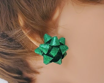 Christmas Bow Earrings,  Christmas Ribbon Earrings,  Green Bow Earrings, Green Pierced Earrings