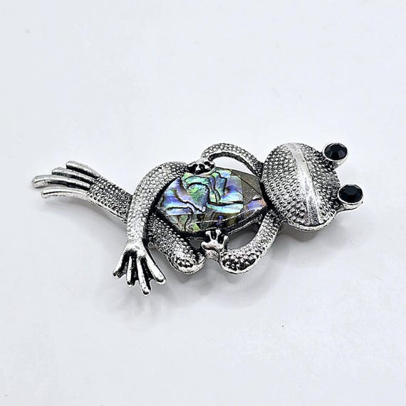 Sitting Frog Abalone Shell Silvertone Brooch Pin - image 4