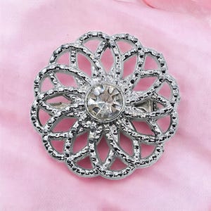 Vintage Silver Flower Rhinestone Brooch, Mid-Century Modern Rhinestone Flower Pin Brooch