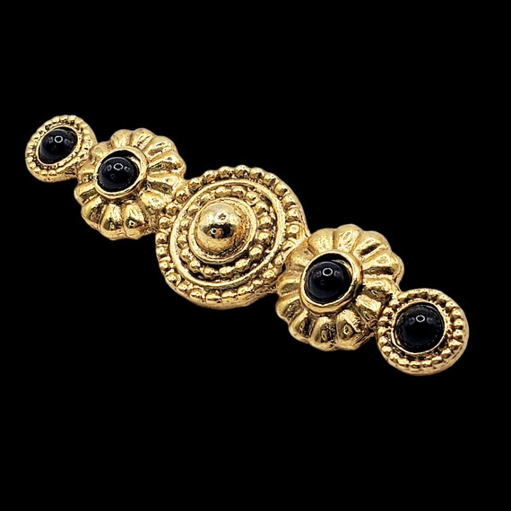 Vintage Gold and Black Bar Pin Brooch, Black Cabo… - image 3