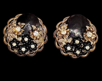 Vintage Black and Gold Flower Earrings,  Black Clip On Earrings,  Gift for Her, Unique Flower Earrings