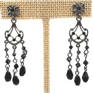 Black Chandelier Bead Pierced Earrings, Black Glass Dangle Post Piered Earrings