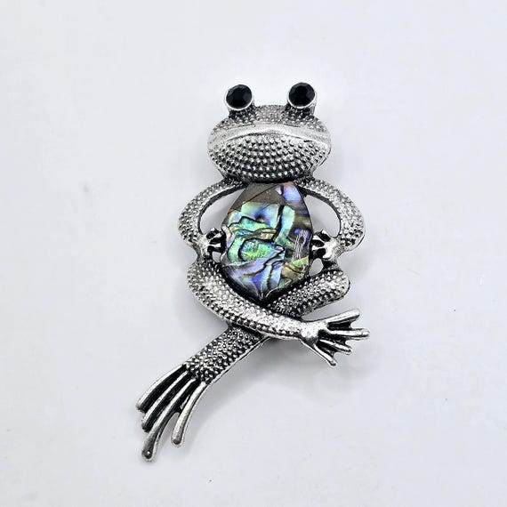 Sitting Frog Abalone Shell Silvertone Brooch Pin - image 5