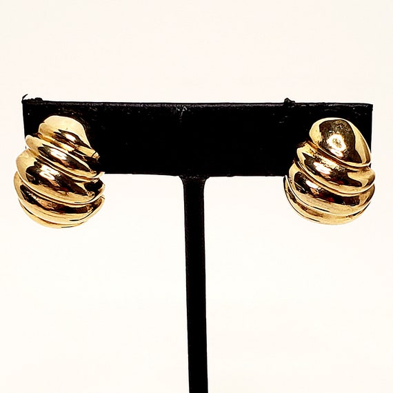 Gold Ribbed Hoop Pierced Earrings,  Gold Semicirc… - image 7