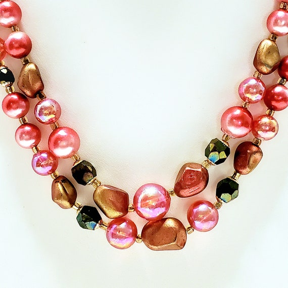 Multi Strand Layered Bead Necklace, Hot Pink Neck… - image 3