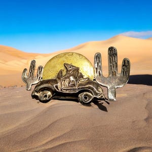 Vintage Sterling Silver Coyote In Car with Moon, Cacti, Desert Scene with Coyote in Car Brooch Pin