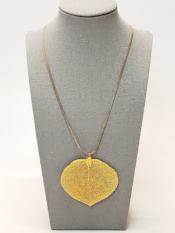 Gold Dipped Leaf Pendant Necklace, Gold Skeletal … - image 1