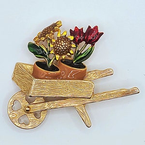 Gardener Gift, Gardener Pin Brooch,  Gardener Jewelry, Wheelbarrow Potted Flower Brooch, Gift for Gardener, Gardening Jewelry