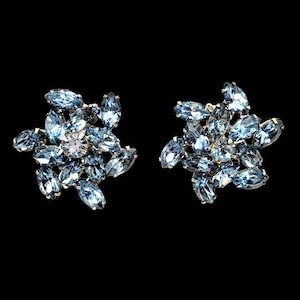 Vintage 1950&#39;s Light Blue Rhinestone Clip-On Earrings, Icey Blue Marquis Rhinestone Earrings