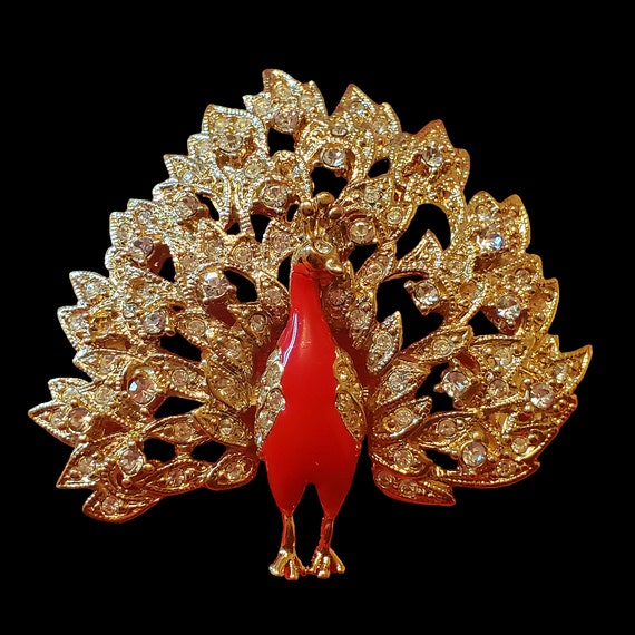 Red Peacock Brooch Pin, Crystal Peacock Brooch Pi… - image 1