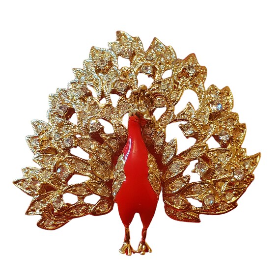 Red Peacock Brooch Pin, Crystal Peacock Brooch Pi… - image 3