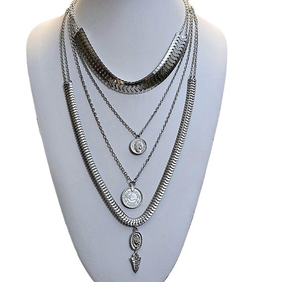 Multi Layer Silver Coin Necklace, Graduated Four Chain Silver
