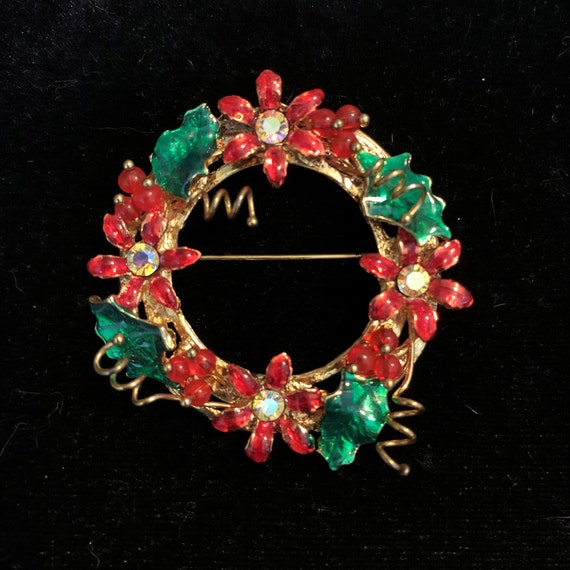 Vintage Christmas Wreath Pin Brooch, Signed Chris… - image 1