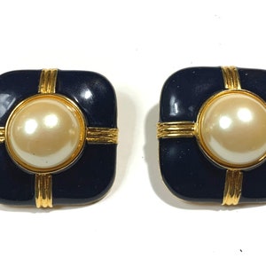Pearl and Dark Blue Enamel Clip On Earrings, Big Bold 1980&#39;s Earrings