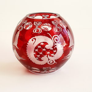 Vintage Czech Bohemian Ruby Red Flash Etched Round Glass 6&quot; Candle Holder