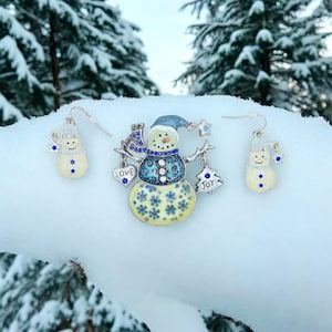 Signiertes Kenneth Cole Schmuckset Schneemann, K.C. Schneemann Brosche und Ohrringe Schmuckset